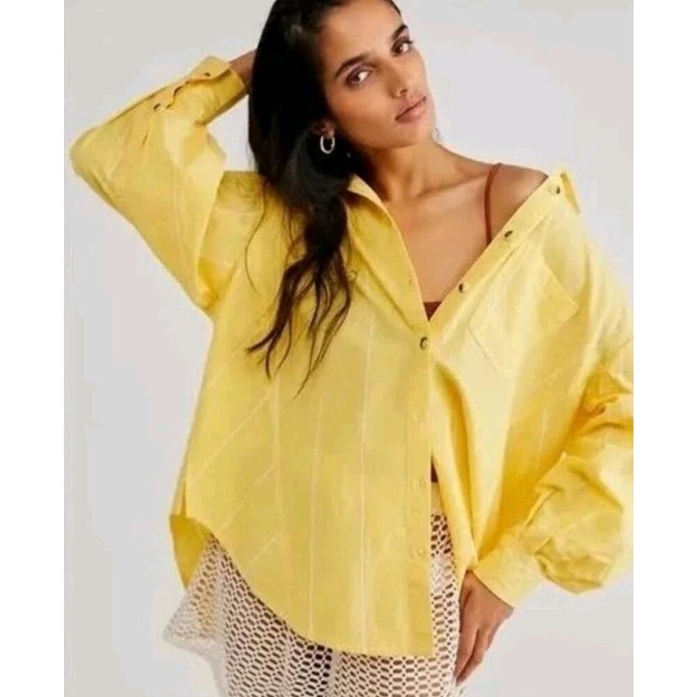 Free People We The Free‎ Striped Butter Yellow Oversized Shirt Size XS